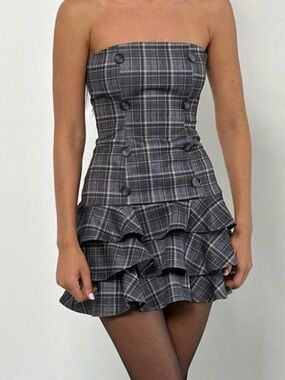 Motel Rocks Strapless Gray Plaid Ruffle Mini Dress